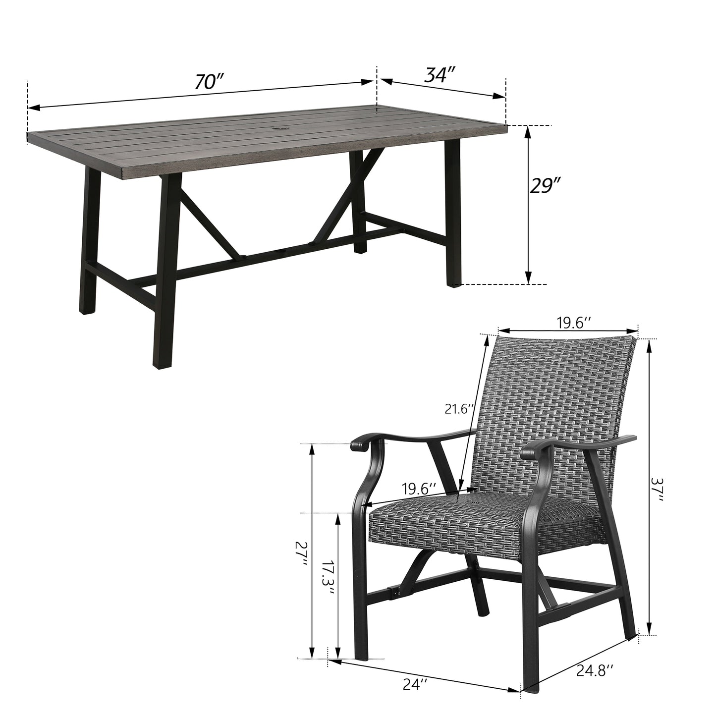 Patio Outdoor 6 Person Metal Dining Set with Aluminum Dining Table and Wicker Motion Rocking Dining Chairs Padded with Quick Dry Foam